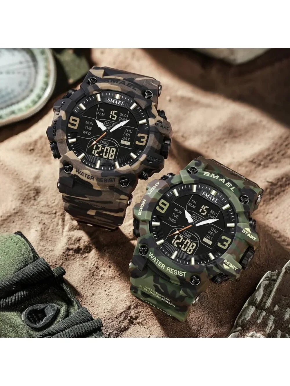 Men's Camouflage Khaki Analog Luminous Waterproof LED Electronic Digital Watch